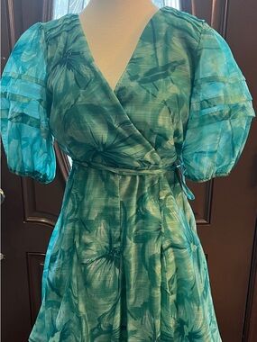 Maison Tara Teal Floral Midi Wrap Dress with Puff Sleeves